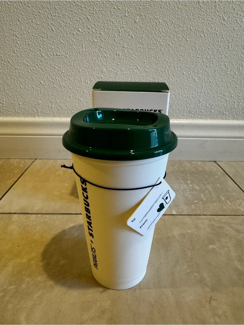 Peanuts + Starbucks Collab White Box with Green Lid Featuring Snoopy